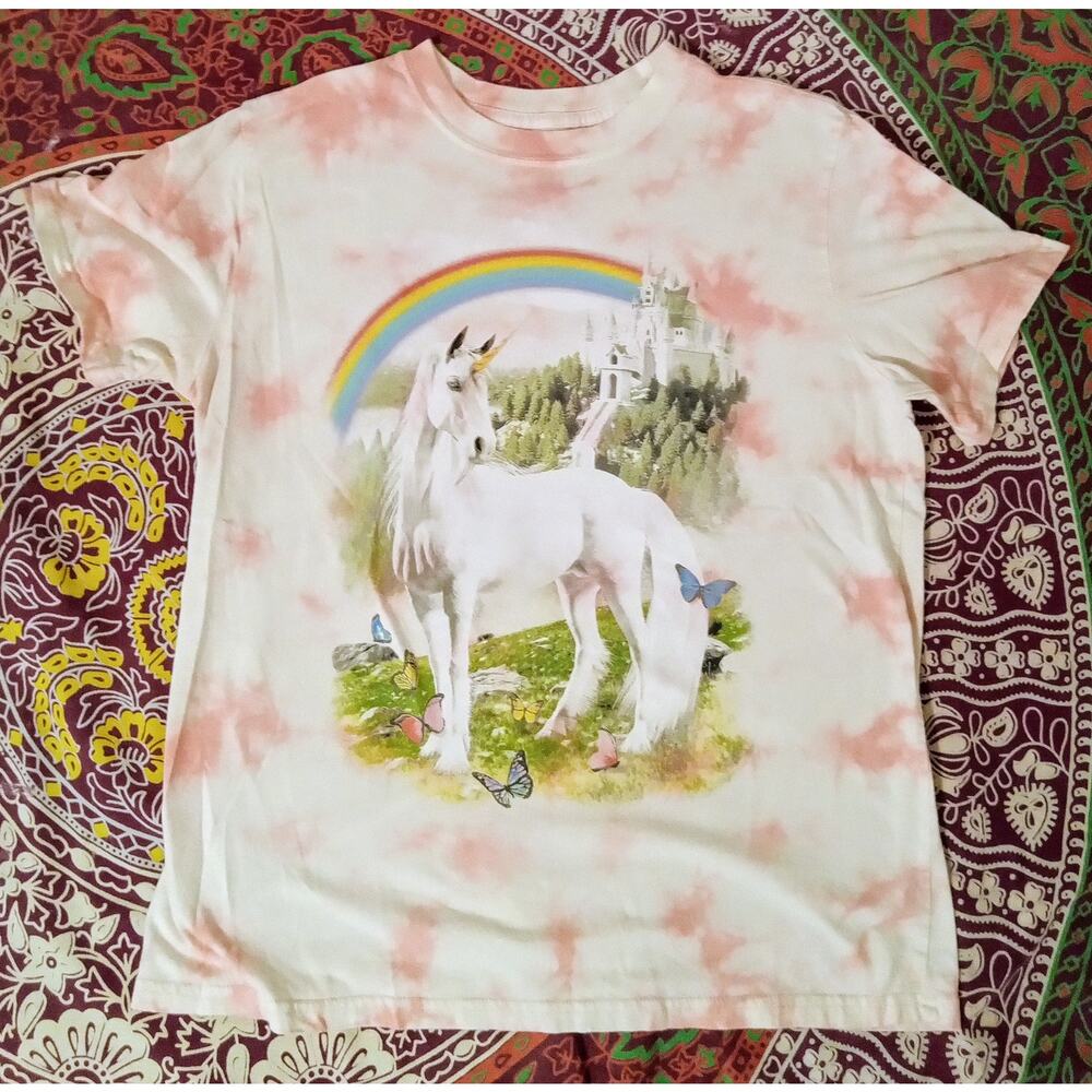 Mighty Fine Rainbow Unicorn Castle Pink White Tie Dye Graphic Tee Fairycore SZ S